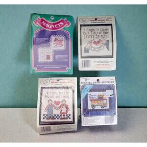 (4) Cross Stitch Kitchen Magnets Kits Sealed Diet Kitchen Friends Family Vintage